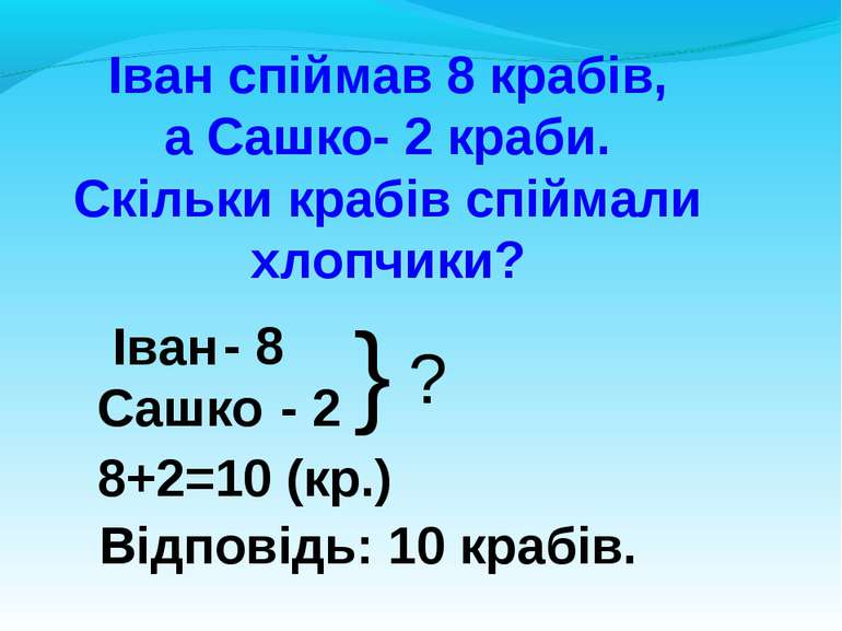 Іван спіймав 8 крабів, а Сашко- 2 краби. Скільки крабів спіймали хлопчики? Ів...