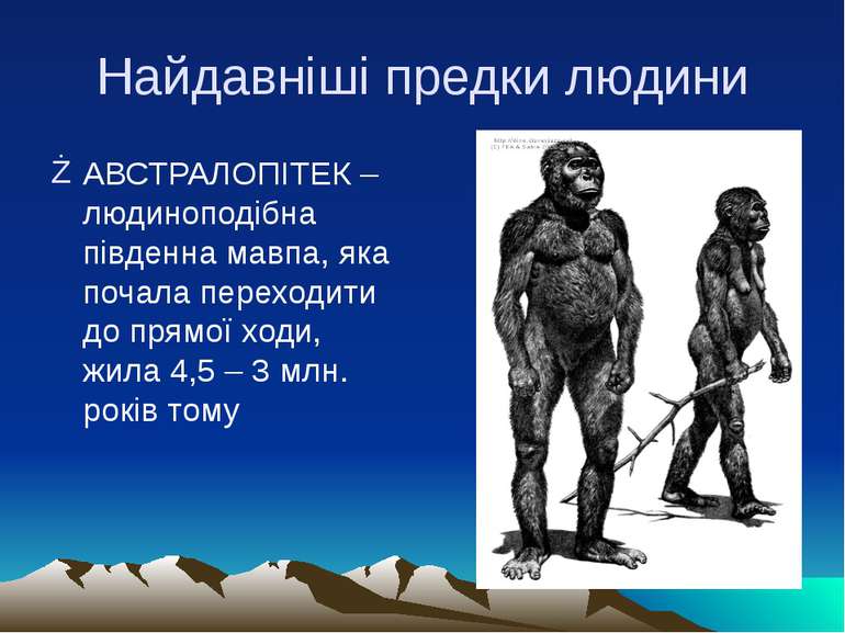 Найдавніші предки людини АВСТРАЛОПІТЕК – людиноподібна південна мавпа, яка по...