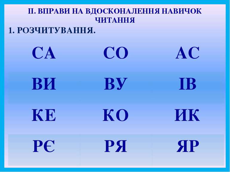 ІІ. ВПРАВИ НА ВДОСКОНАЛЕННЯ НАВИЧОК ЧИТАННЯ 1. РОЗЧИТУВАННЯ. СА СО АС ВИ ВУ І...