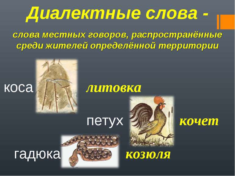 Диалектные слова - слова местных говоров, распространённые среди жителей опре...