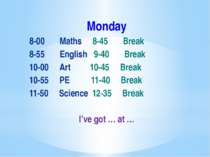 Monday 8-00 Maths 8-45 Break 8-55 English 9-40 Break 10-00 Art 10-45 Break 10...