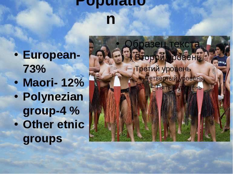 Population European-73% Maori- 12% Polynezian group-4 % Other etnic groups