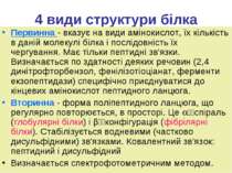 4 види структури білка Первинна - вказує на види амінокислот, їх кількість в ...