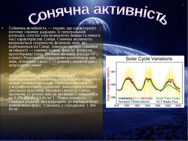 Со нячна акти вність — термін, що характеризує поточну сонячну радіацію, її с...