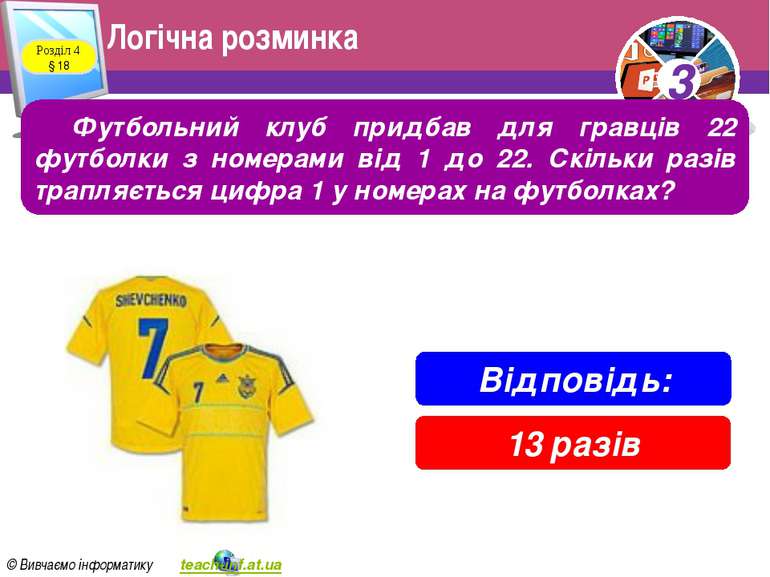 Логічна розминка Розділ 4 § 18 Футбольний клуб придбав для гравців 22 футболк...