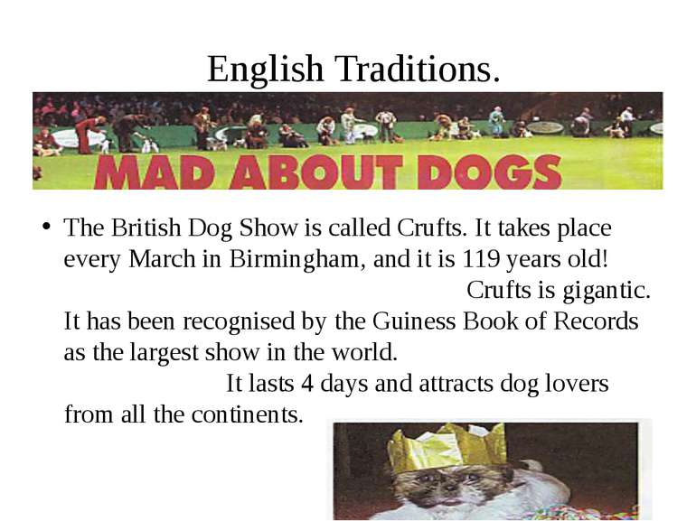 English Traditions. The British Dog Show is called Crufts. It takes place eve...