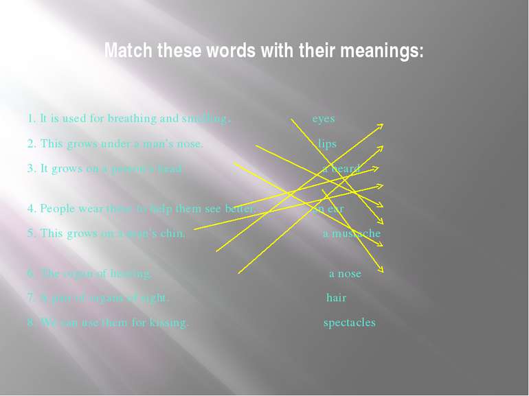 Match these words with their meanings: 1. It is used for breathing and smelli...
