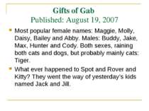 Gifts of Gab Published: August 19, 2007 Most popular female names: Maggie, Mo...