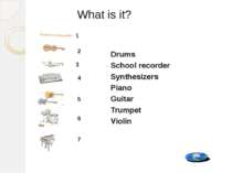 Drums School recorder Synthesizers Piano Guitar Trumpet Violin What is it? 1 ...