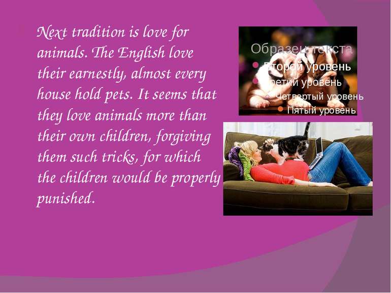 Next tradition is love for animals. The English love their earnestly, almost ...