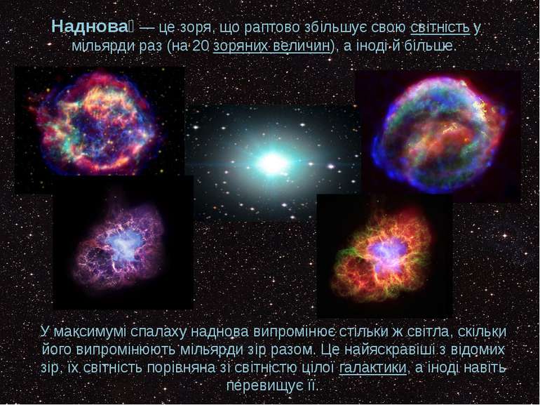Наднова  — це зоря, що раптово збільшує свою світність у мільярди раз (на 20 ...