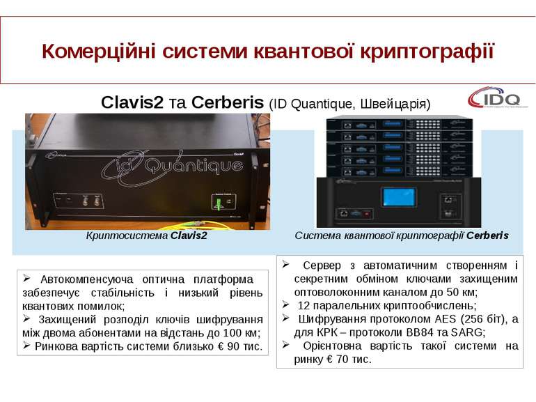 Комерційні системи квантової криптографії Clavis2 та Cerberis (ID Quantique, ...