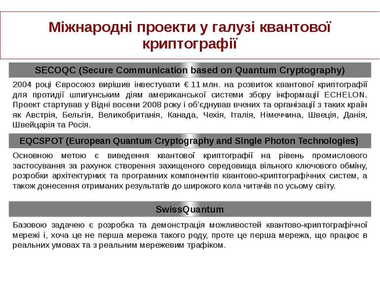 Міжнародні проекти у галузі квантової криптографії SECOQC (Secure Communicati...