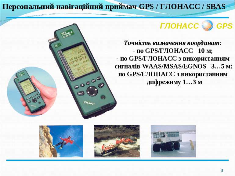 * ГЛОНАСС GPS Персональний навігаційний приймач GPS / ГЛОНАСС / SBAS Точність...
