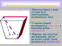 Элементи многогранника Многокутники, з яких складається многогранник, називаю...