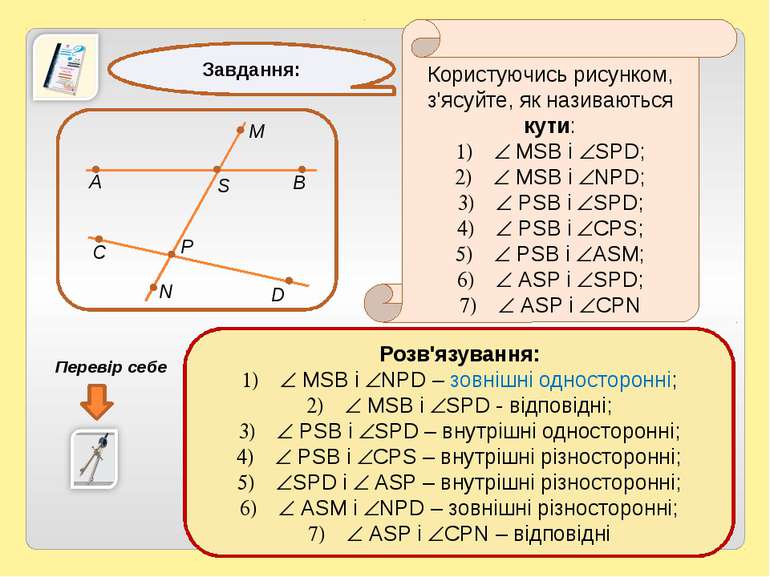 Користуючись рисунком, з'ясуйте, як називаються кути: MSB і SPD; MSB і NPD; P...