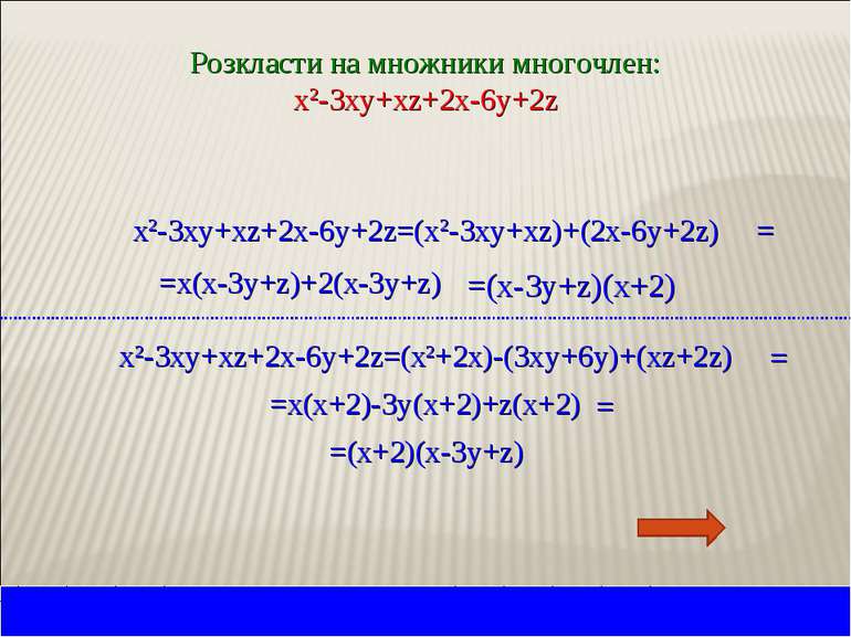 Розкласти на множники многочлен: x2-3xy+xz+2x-6y+2z x2-3xy+xz+2x-6y+2z=(x2-3x...
