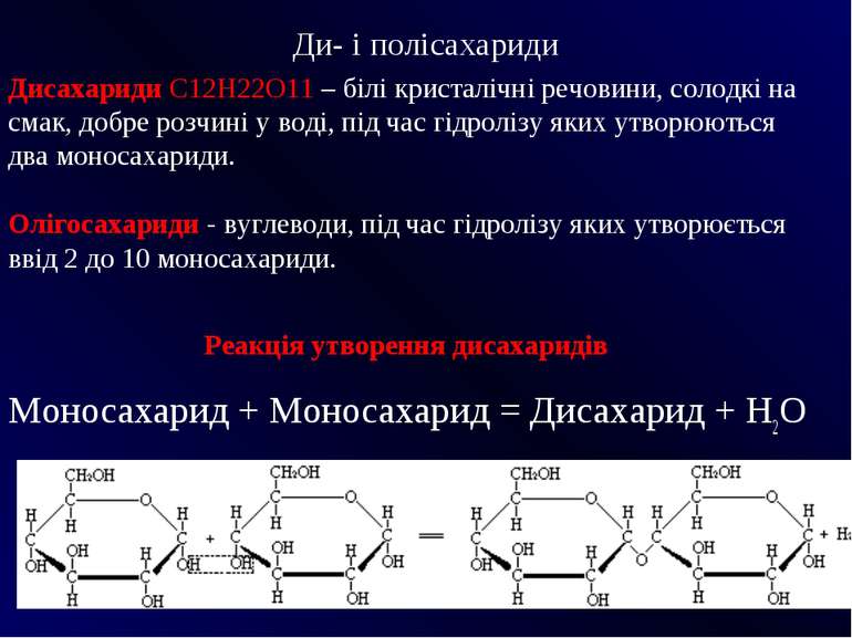 Реакція утворення дисахаридів Моносахарид + Моносахарид = Дисахарид + Н2O Ди-...