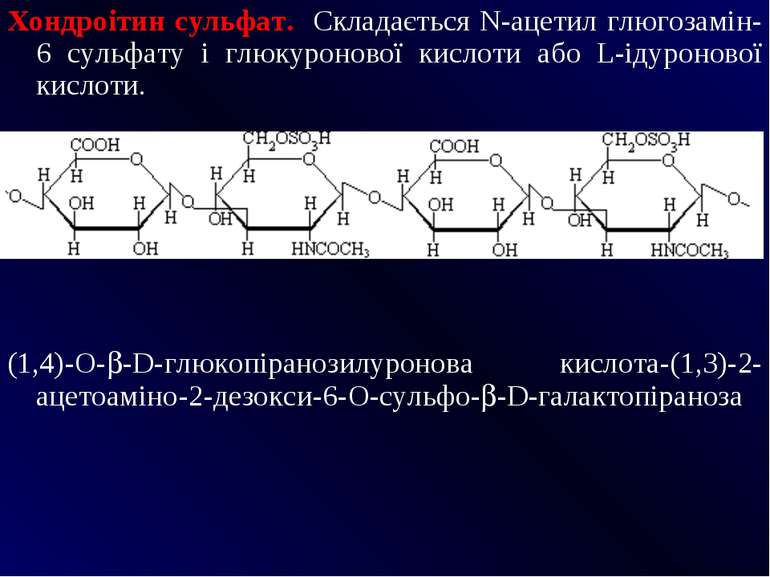 Хондроітин сульфат. Складається N-ацетил глюгозамін-6 сульфату і глюкуронової...