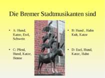 Die Bremer Stadtmusikanten sind A: Hund, Katze, Esel, Schwein B: Hund , Hahn ...