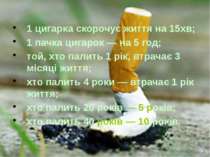 1 цигарка скорочує життя на 15хв; 1 пачка цигарок — на 5 год; той, хто палить...
