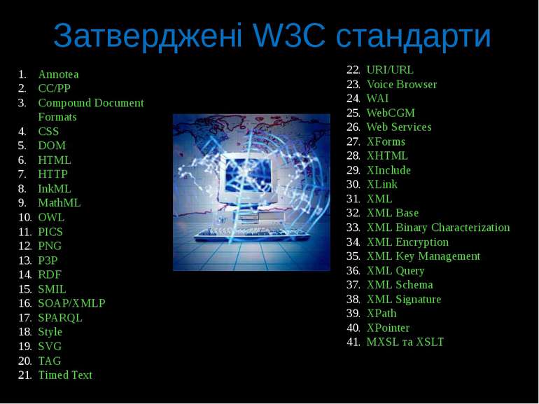 Затверджені W3C стандарти URI/URL Voice Browser WAI WebCGM Web Services XForm...