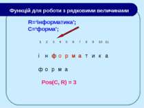 R=‘інформатика'; C=‘форма'; Pos(C, R) = 3 Функцій для роботи з рядковими вели...
