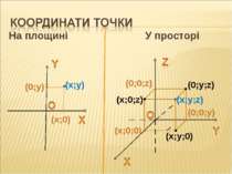 На площині У просторі (x;y) (x;y;0) (x;y;z) (x;0;0) (0;0;z) (0;y;z) (x;0;z) (...