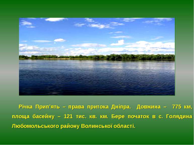 Річка Прип’ять – права притока Дніпра. Довжина – 775 км, площа басейну – 121 ...