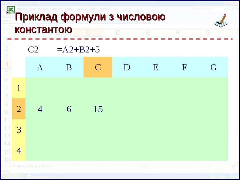 Приклад формули з числовою константою C2 =A2+B2+5 A B C D E F G 1 2 4 6 15 3 4