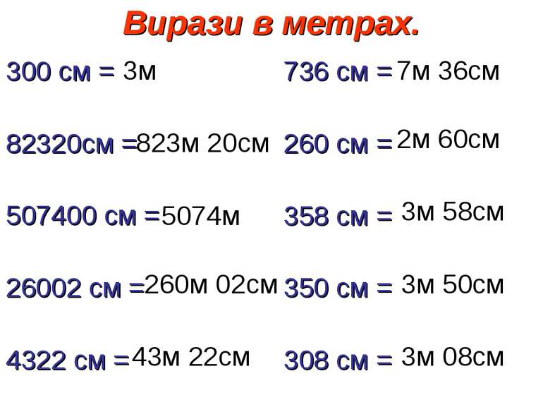 Вирази в метрах. 300 см = 82320см = 507400 см = 26002 см = 4322 см = 736 см =...