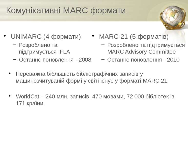 Комунікативні MARC формати UNIMARC (4 формати) Розроблено та підтримується IF...