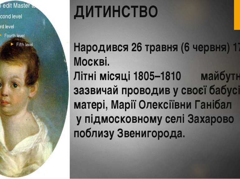 ДИТИНСТВО Народився 26 травня (6 червня) 1799 р. у Москві. Літні місяці 1805–...