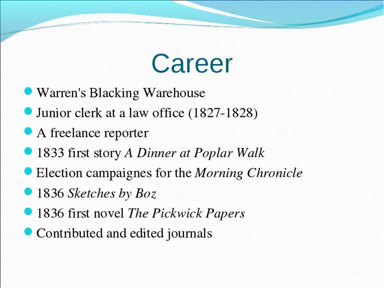 Career Warren's Blacking Warehouse Junior clerk at a law office (1827-1828) A...