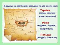 - Знайдемо на карті назви народних танців різних країн Україна Росія Польща (...