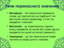 Типи переносного значення Метафора – тип перносного вживання слова, що грунту...