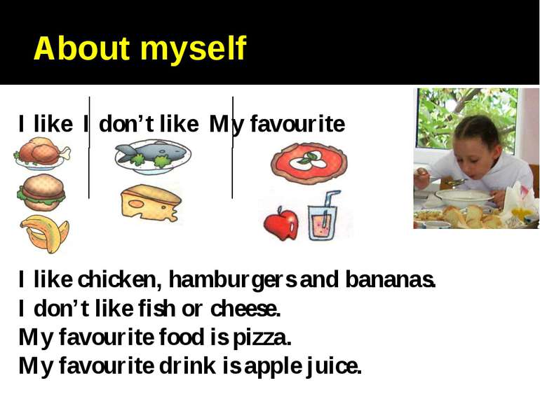 About myself I like chicken, hamburgers and bananas. I don’t like fish or che...