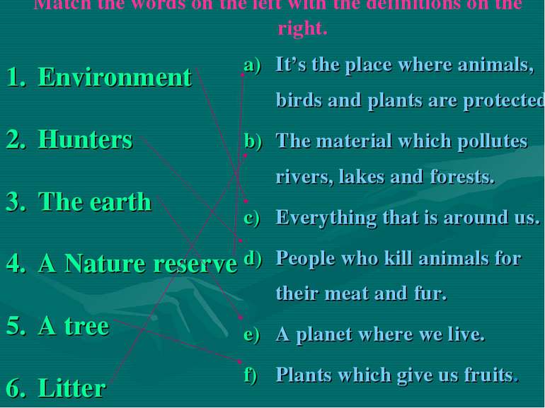 Match the words on the left with the definitions on the right. Environment Hu...