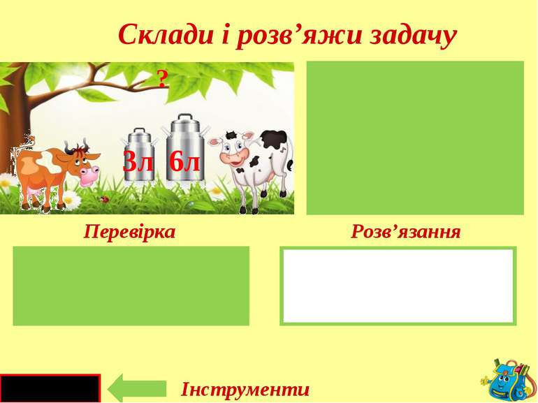 3 + 6 = 9(л) I к.- II к.- 3л 6л ? ? 3л 6л Перевірка Інструменти Розв’язання С...