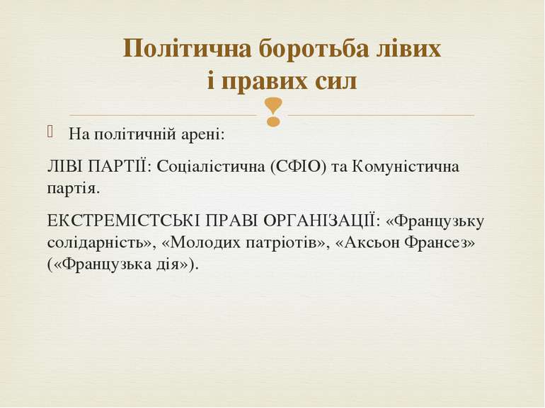 На політичній арені: ЛІВІ ПАРТІЇ: Соціалістична (СФІО) та Комуністична партія...