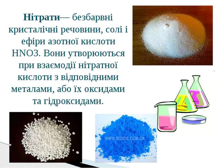 Нітрати— безбарвні кристалічні речовини, солі і ефіри азотної кислоти HNO3. В...