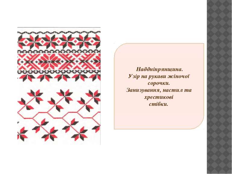 Наддніпрянщина. Узір на рукави жіночої сорочки. Занизування, настил та хрести...