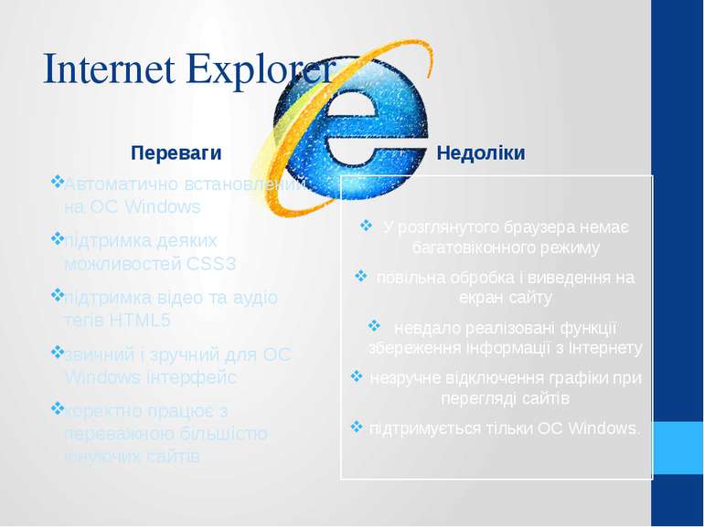 Internet Explorer Переваги Автоматично встановлений на ОС Windows підтримка д...