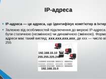  IP-адреса IP-адреса — це адреса, що ідентифікує комп'ютер в Інтернеті. Залеж...