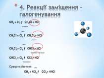 СН4 + Cl2 → CH3Cl + HCl хлорметан світло CH3Cl + Cl2 → CH2Cl2+ HCl дихлормета...