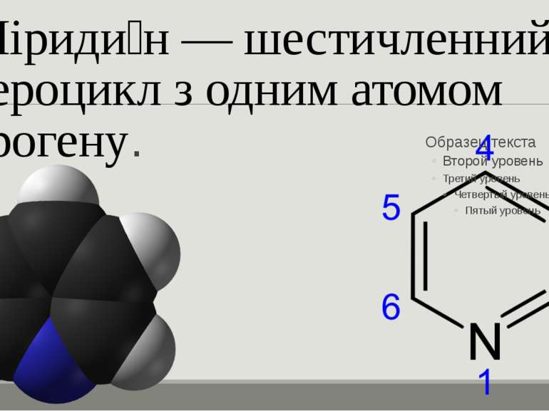 Піриди н — шестичленний гетероцикл з одним атомом нітрогену.