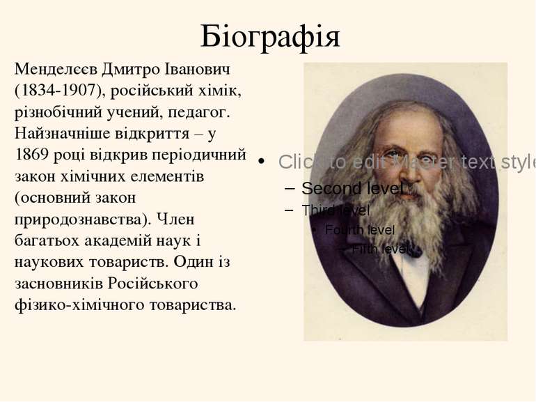 Біографія Менделєєв Дмитро Іванович (1834-1907), російський хімік, різнобічни...