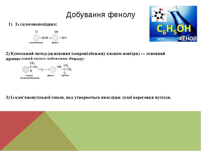 Добування фенолу Із галогенопохідних: 2) Кумольний метод (окиснення ізопропіл...