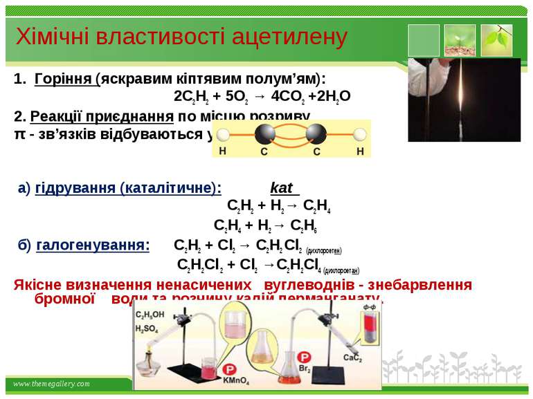 Хімічні властивості ацетилену Горіння (яскравим кіптявим полум’ям): 2С2Н2 + 5...