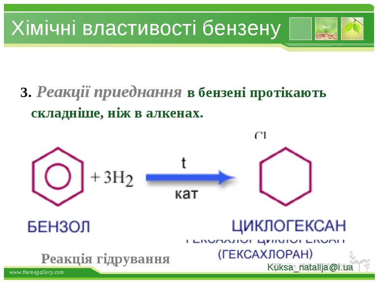 Хімічні властивості бензену 3. Реакції приеднання в бензені протікають складн...
